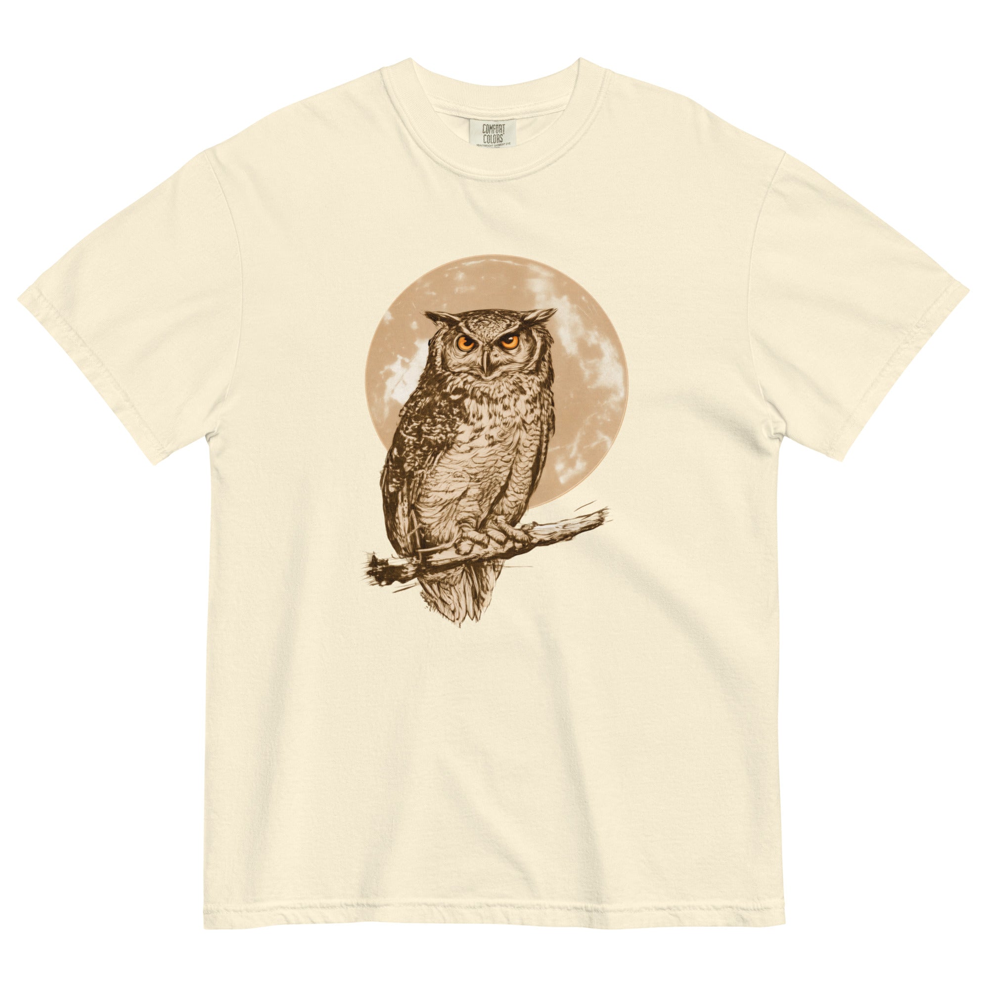 Great horned owl and moon design on an Ivory garment-dyed cotton t-shirt