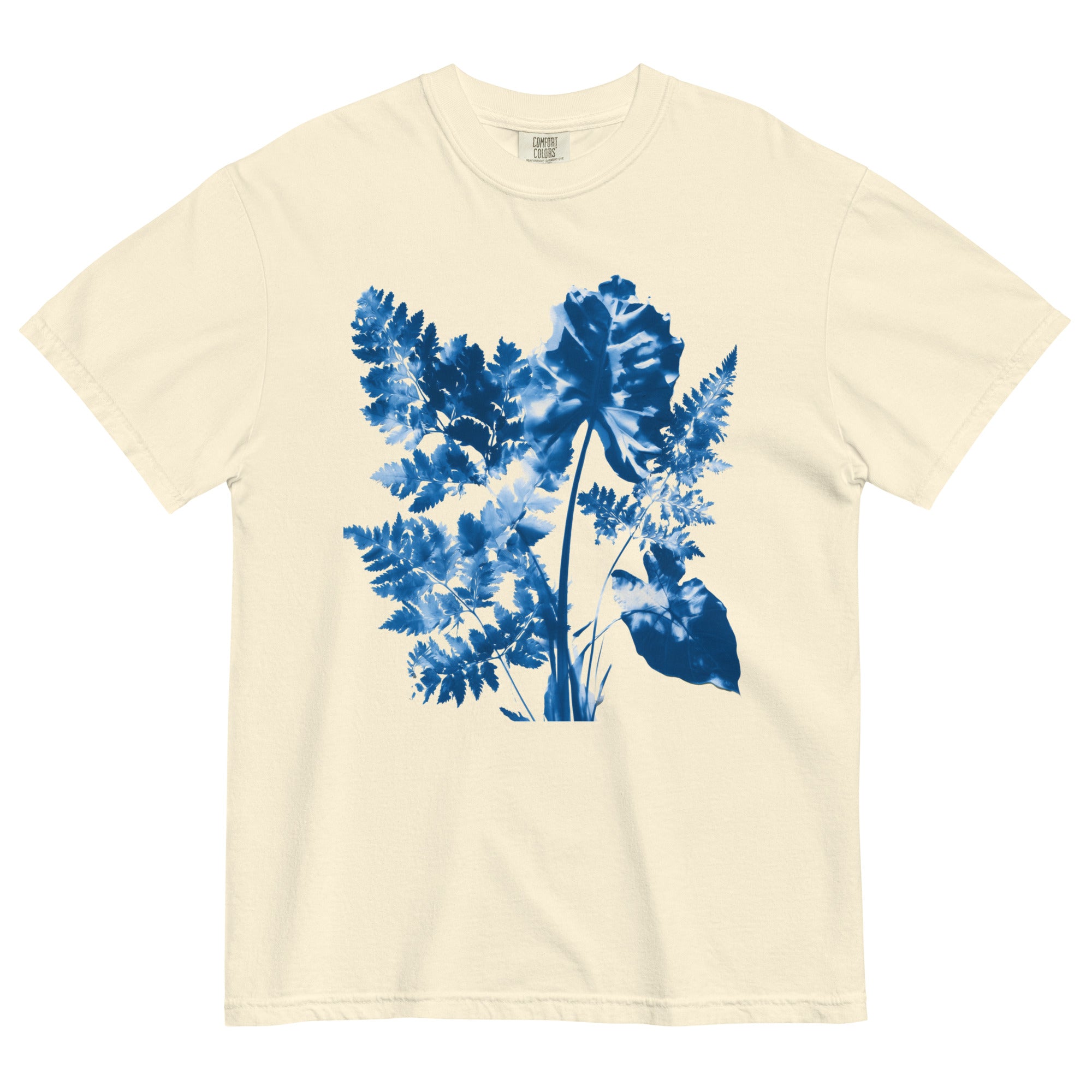 Fern and leaf cyanotype design on an Ivory garment-dyed cotton t-shirt