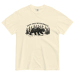 Bear and pine forest wilderness design on an Ivory garment-dyed cotton t-shirt