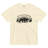 Bear and pine forest wilderness design on an Ivory garment-dyed cotton t-shirt