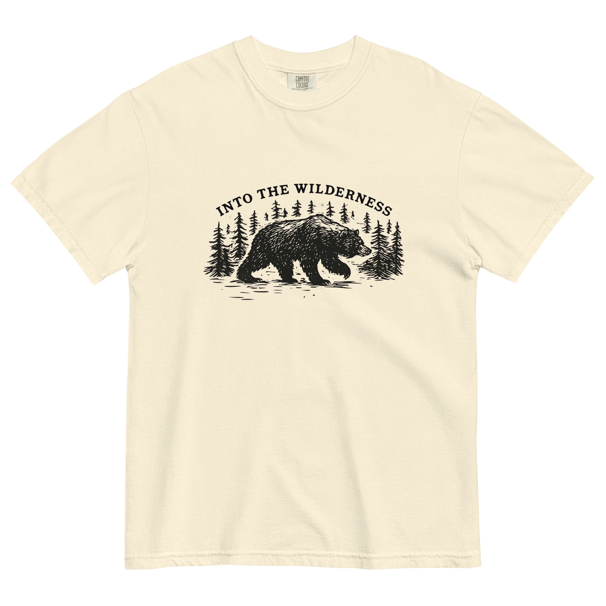 Bear and pine forest wilderness design on an Ivory garment-dyed cotton t-shirt