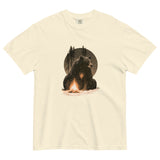 Bear and campfire design on an Ivory garment-dyed cotton t-shirt