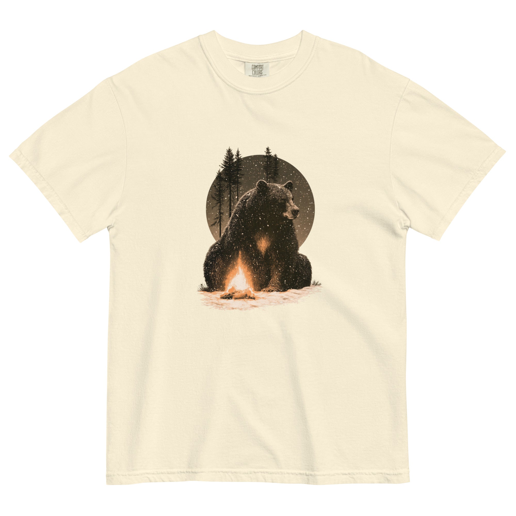 Bear and campfire design on an Ivory garment-dyed cotton t-shirt