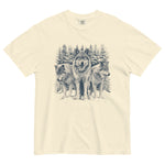 Three wolves in the snow design on an Ivory garment-dyed cotton t-shirt