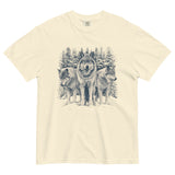 Three wolves in the snow design on an Ivory garment-dyed cotton t-shirt