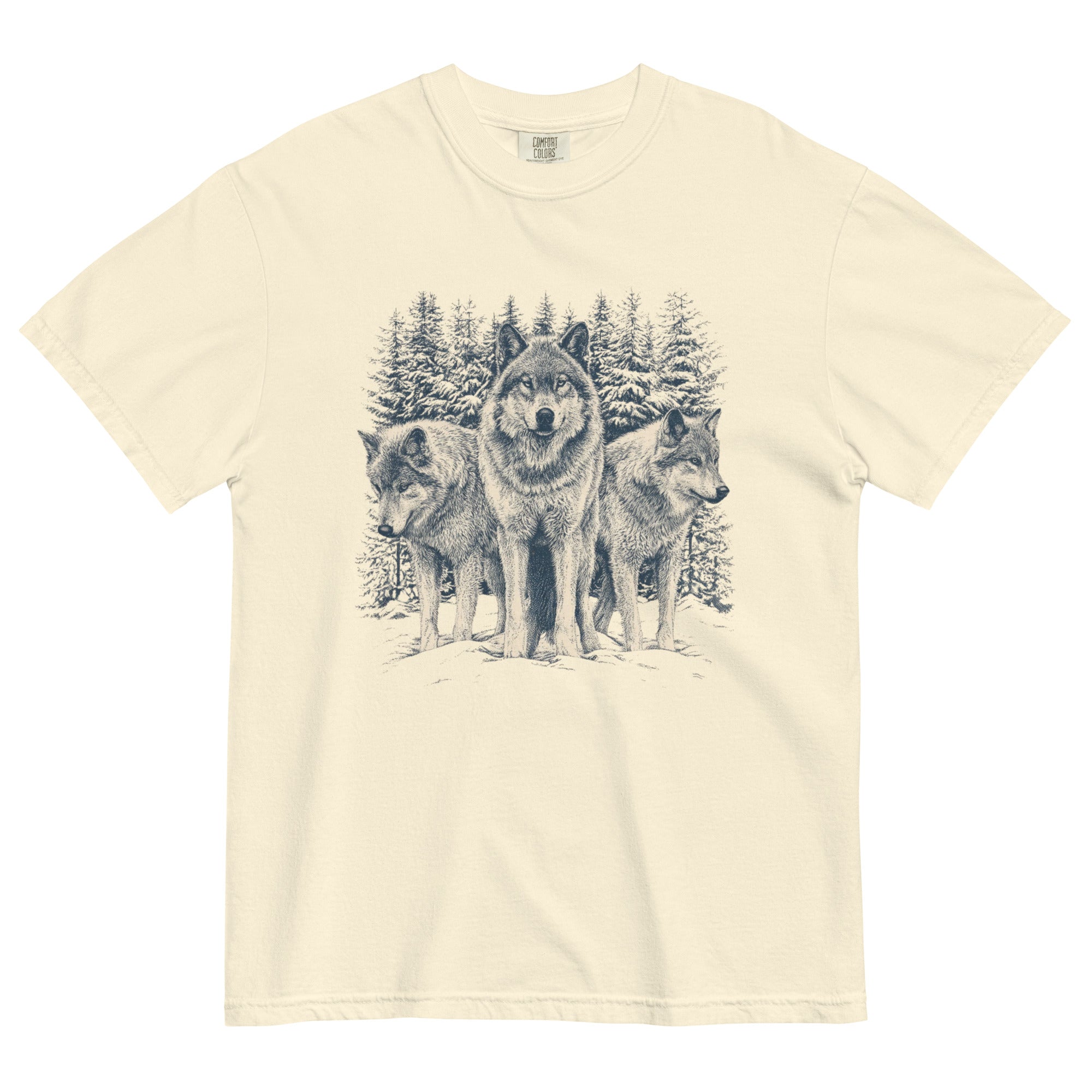 Three wolves in the snow design on an Ivory garment-dyed cotton t-shirt