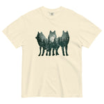 Wolf silhouettes and moonlit forest design on an Ivory garment-dyed cotton t-shirt
