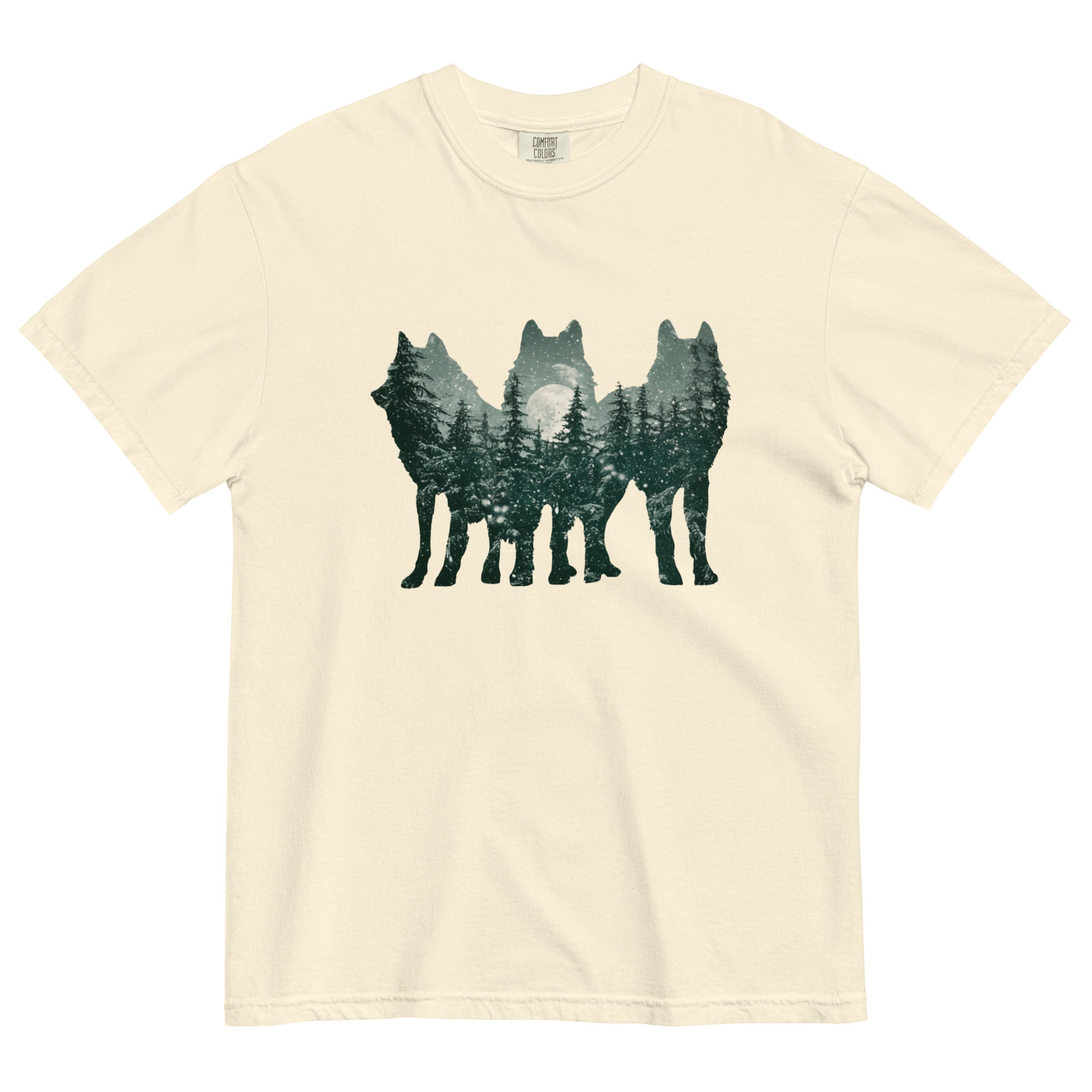 Wolf silhouettes and moonlit forest design on an Ivory garment-dyed cotton t-shirt