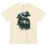 Wolf portraits and misty forest design on an Ivory garment-dyed cotton t-shirt
