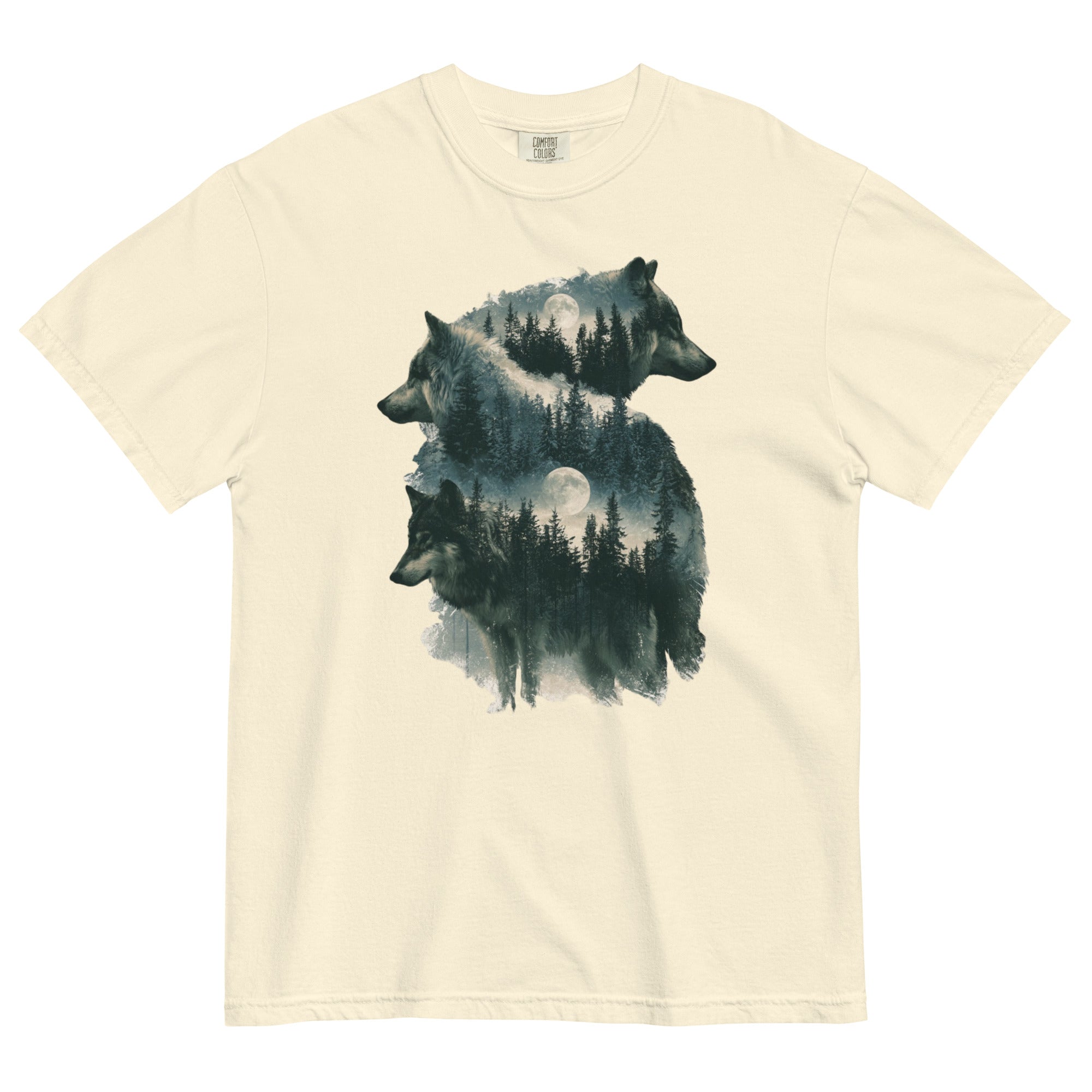 Wolf portraits and misty forest design on an Ivory garment-dyed cotton t-shirt