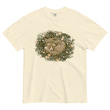 Fox asleep in a Christmas wreath design on an Ivory garment-dyed cotton t-shirt