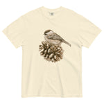 Sparrow on a pine cone design on an Ivory garment-dyed cotton t-shirt