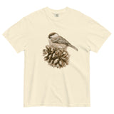 Sparrow on a pine cone design on an Ivory garment-dyed cotton t-shirt