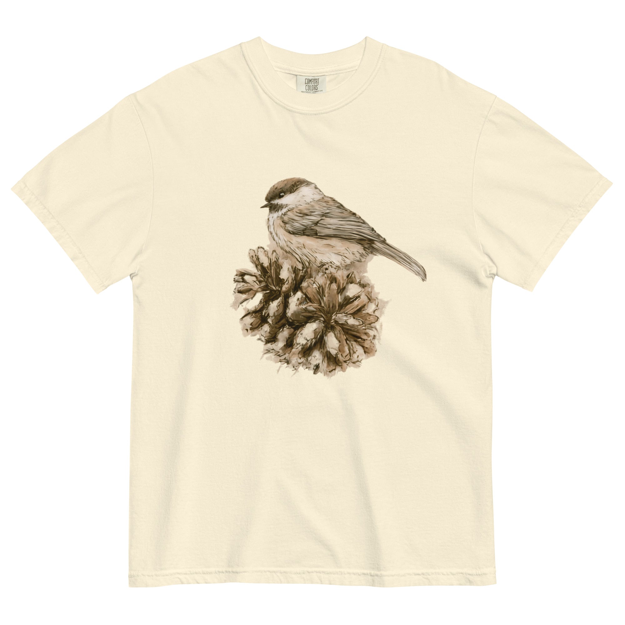 Sparrow on a pine cone design on an Ivory garment-dyed cotton t-shirt