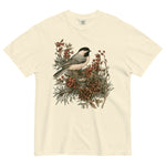 Chickadee and winter berries design on an Ivory garment-dyed cotton t-shirt