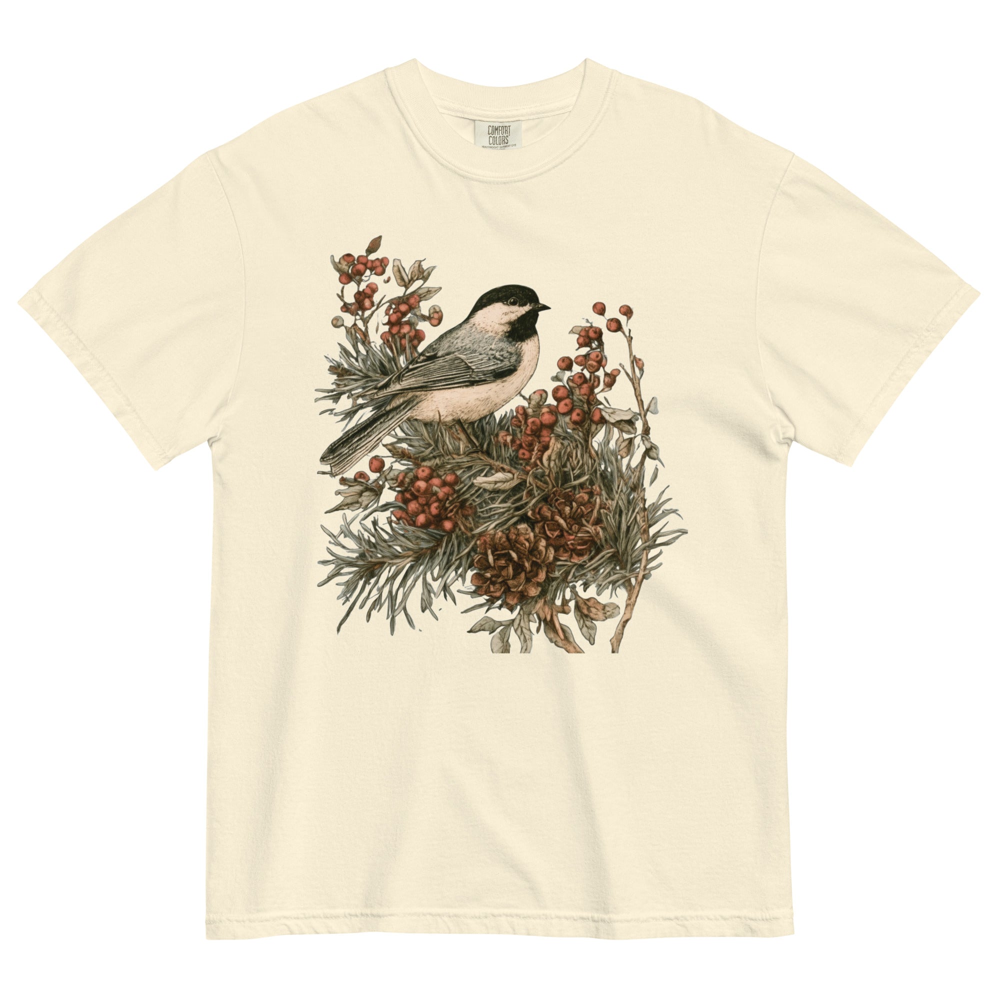 Chickadee and winter berries design on an Ivory garment-dyed cotton t-shirt