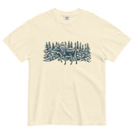 Moose in the winter woods design on an Ivory garment-dyed cotton t-shirt