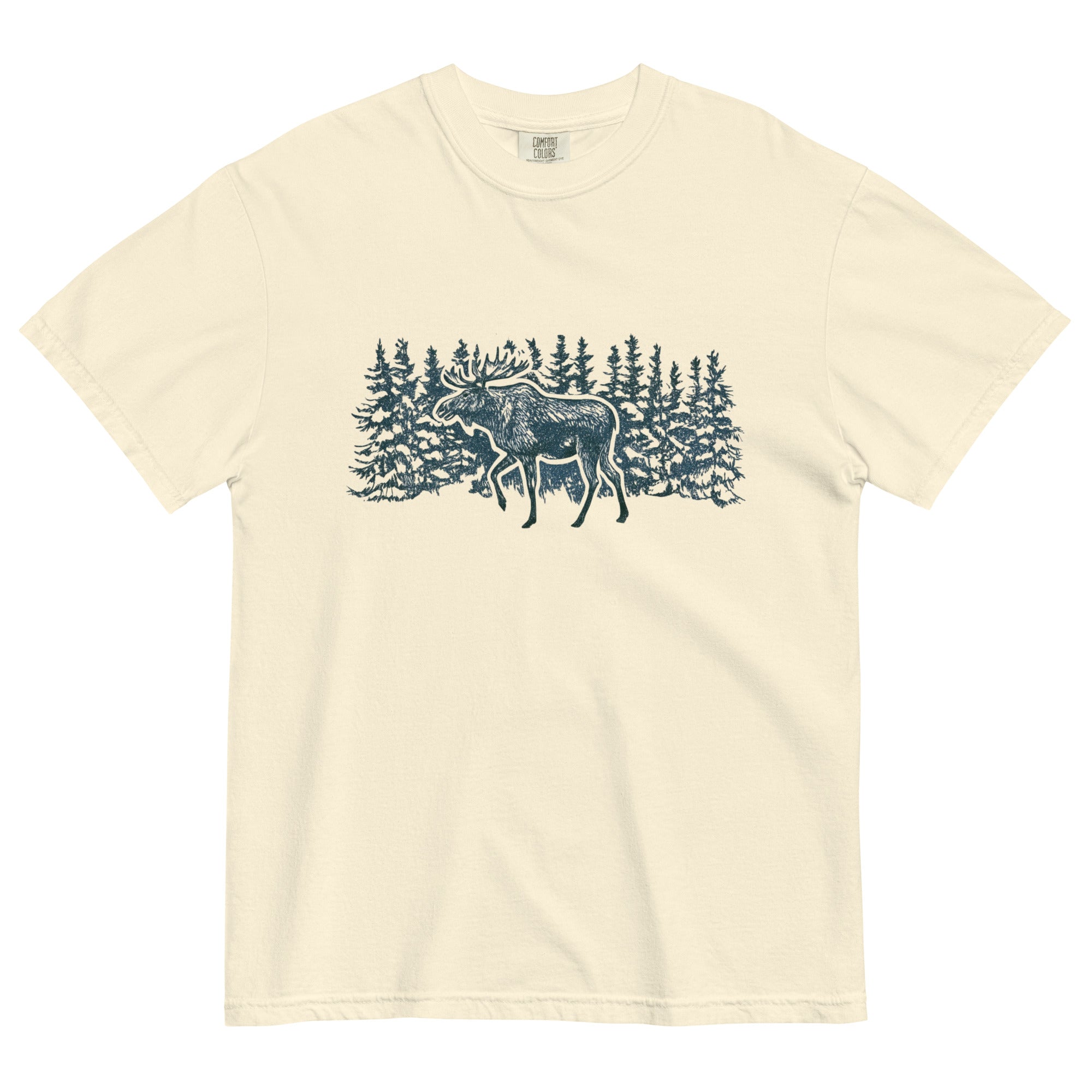 Moose in the winter woods design on an Ivory garment-dyed cotton t-shirt