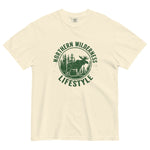 Moose wilderness badge design on an Ivory garment-dyed cotton t-shirt