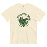 Moose wilderness badge design on an Ivory garment-dyed cotton t-shirt