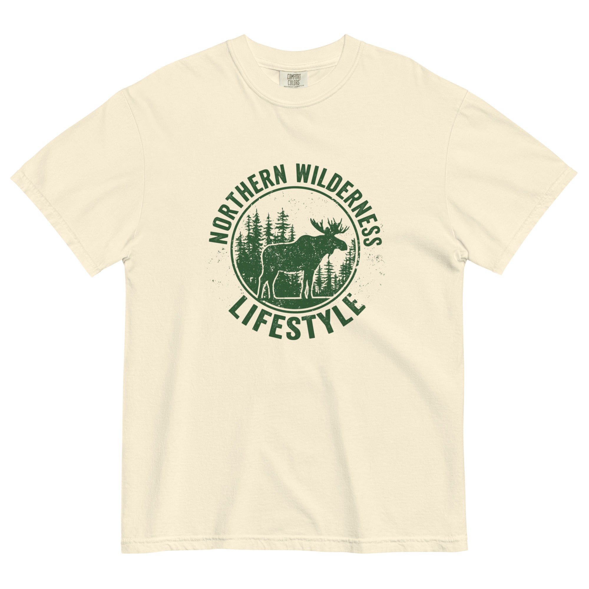Moose wilderness badge design on an Ivory garment-dyed cotton t-shirt