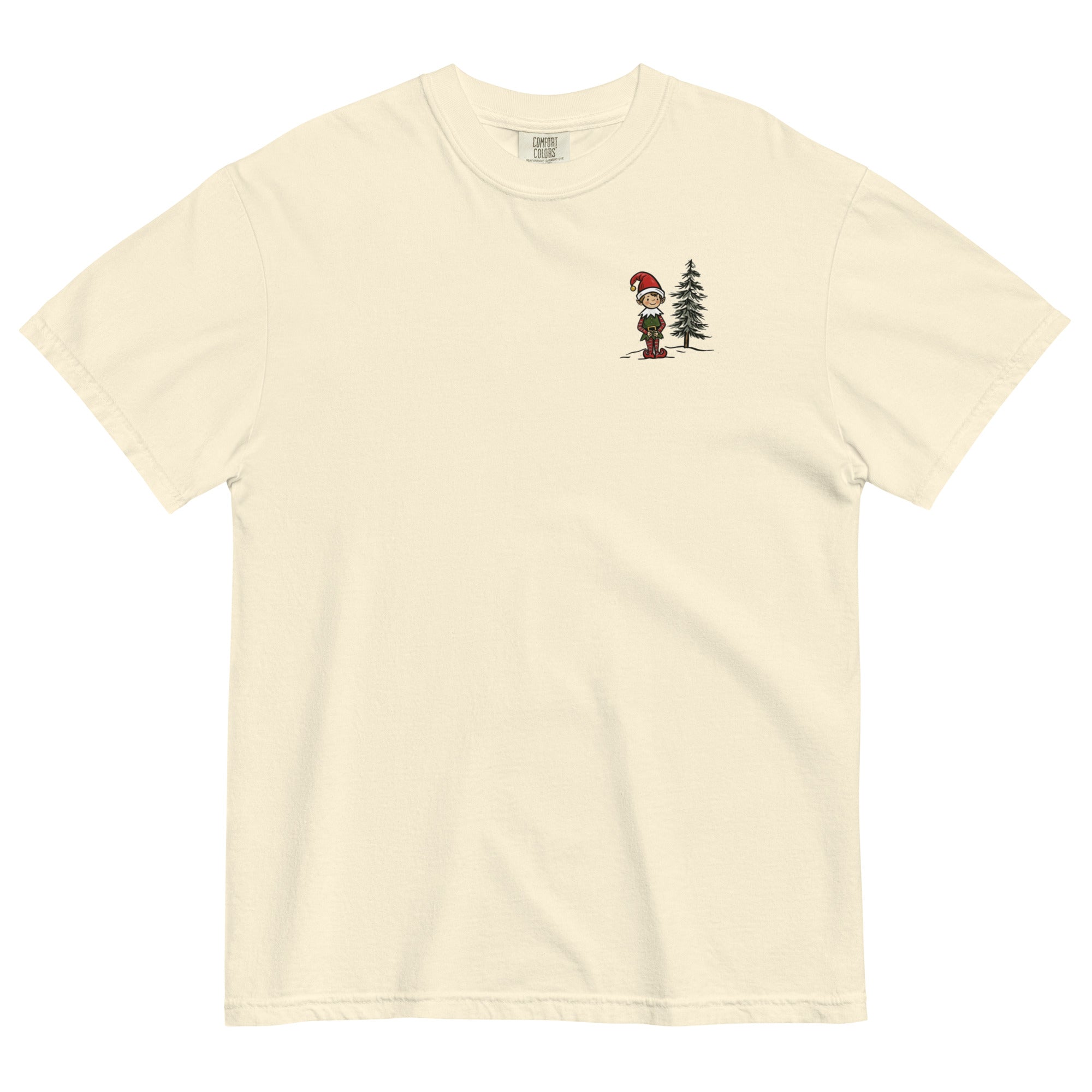 Elf and pine tree design on an Ivory garment-dyed cotton t-shirt