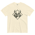 Stag and pines diamond emblem design on an Ivory garment-dyed cotton t-shirt