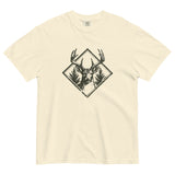Stag and pines diamond emblem design on an Ivory garment-dyed cotton t-shirt