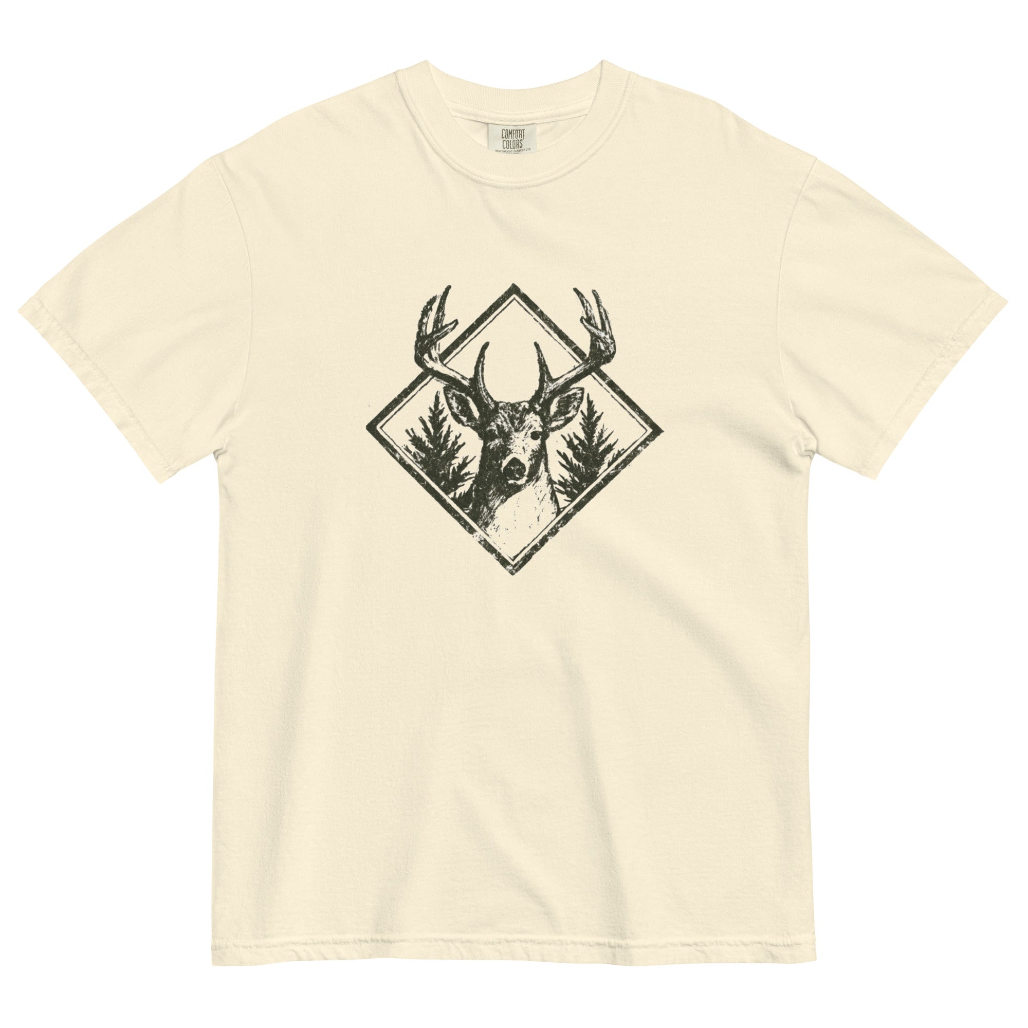 Stag and pines diamond emblem design on an Ivory garment-dyed cotton t-shirt