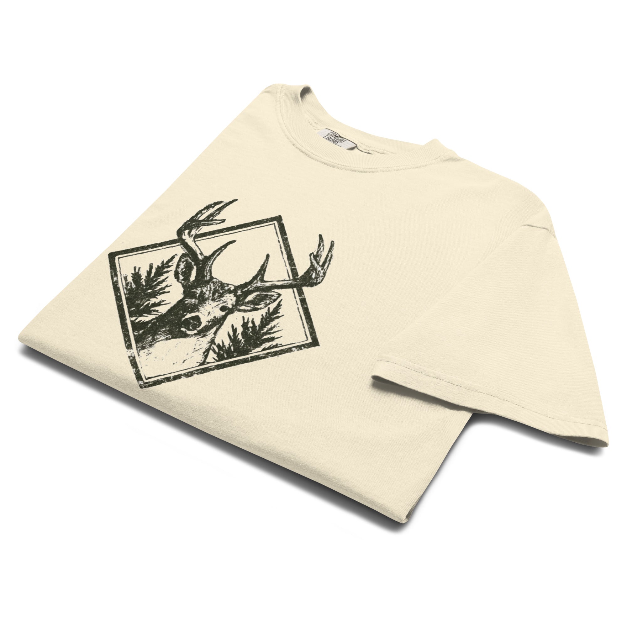 Stag and pines diamond emblem design on an Ivory garment-dyed cotton t-shirt