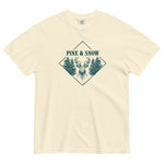 Stag emblem with pine and snow design on an Ivory garment-dyed cotton t-shirt