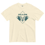 Stag emblem with pine and snow design on an Ivory garment-dyed cotton t-shirt