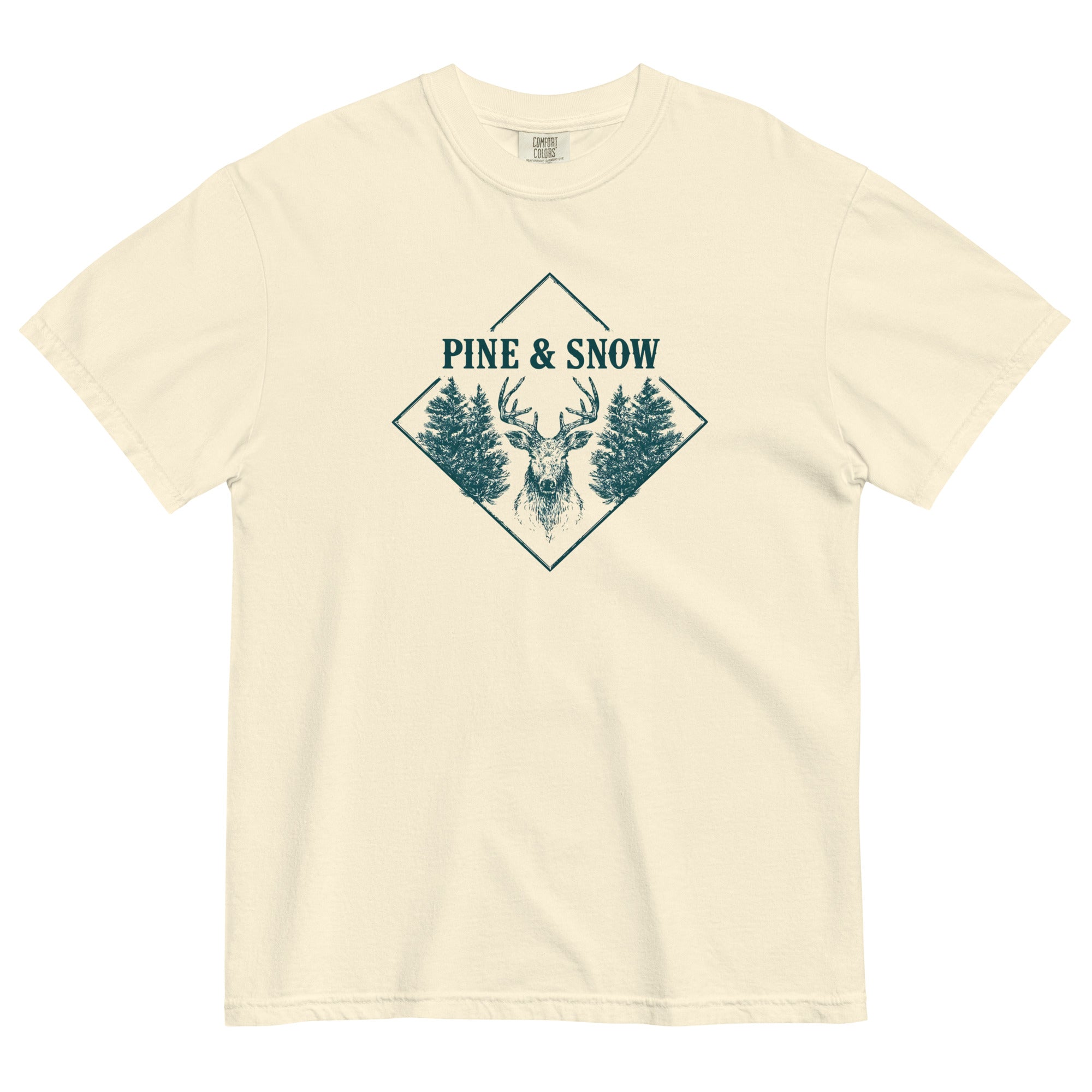 Stag emblem with pine and snow design on an Ivory garment-dyed cotton t-shirt