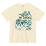 Huskies running in the snow design on an Ivory garment-dyed cotton t-shirt