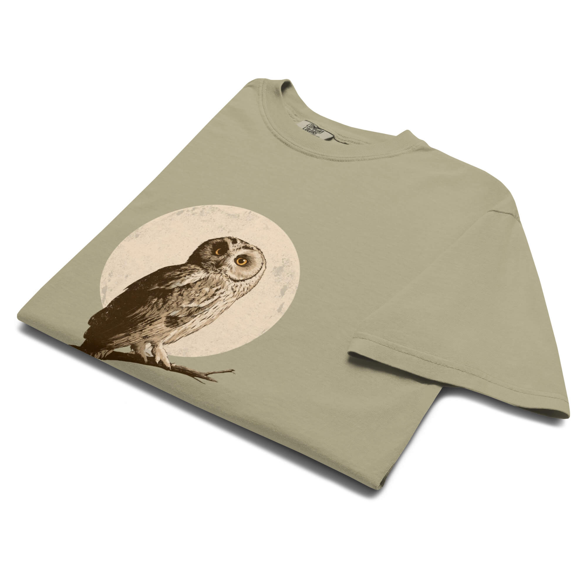 Owl and full moon design on a Khaki garment-dyed cotton t-shirt