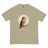 Owl and full moon design on a Khaki garment-dyed cotton t-shirt