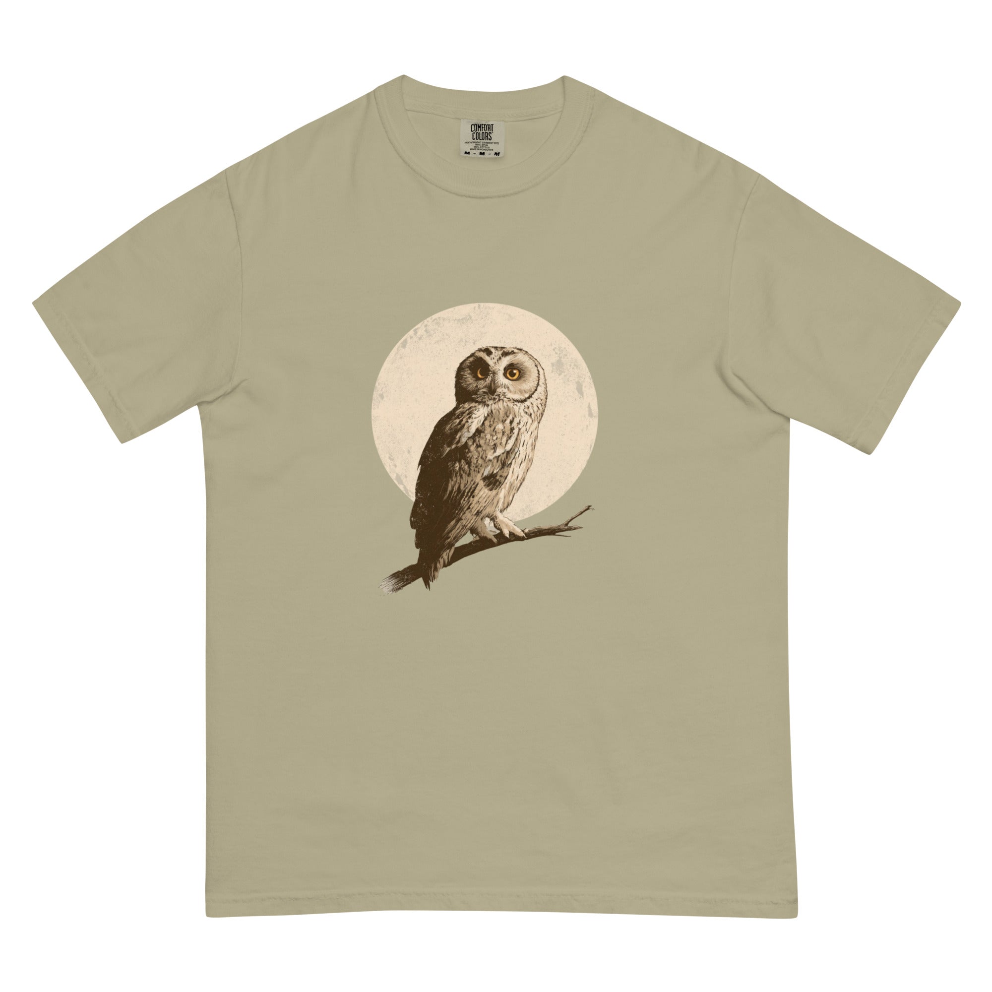 Owl and full moon design on a Khaki garment-dyed cotton t-shirt