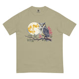 Great horned owl and autumn moon design on a Khaki garment-dyed cotton t-shirt