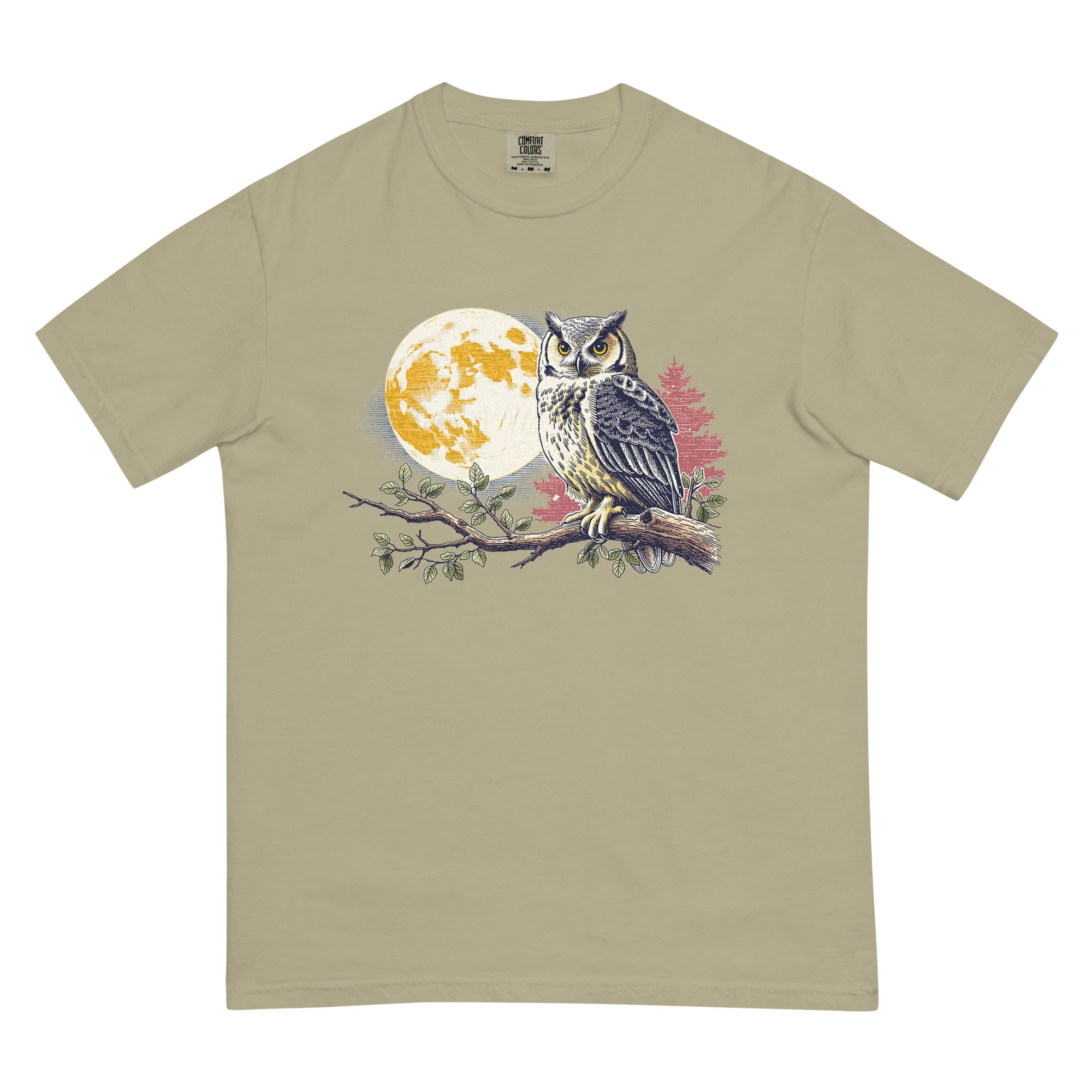 Great horned owl and autumn moon design on a Khaki garment-dyed cotton t-shirt