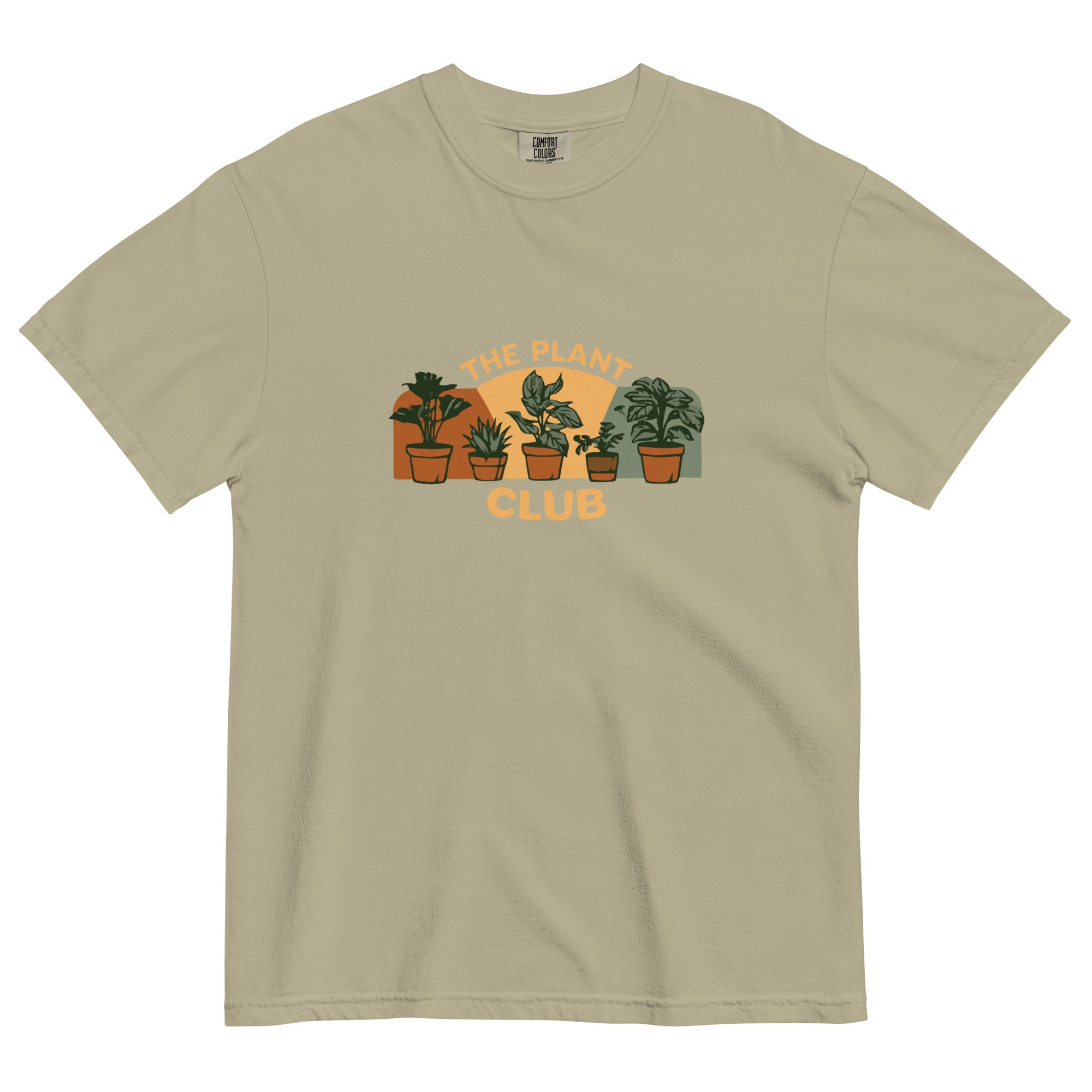 The Plant Club houseplants design on a Khaki garment-dyed cotton t-shirt