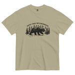 Bear and pine forest wilderness design on a Khaki garment-dyed cotton t-shirt