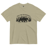 Bear and pine forest wilderness design on a Khaki garment-dyed cotton t-shirt