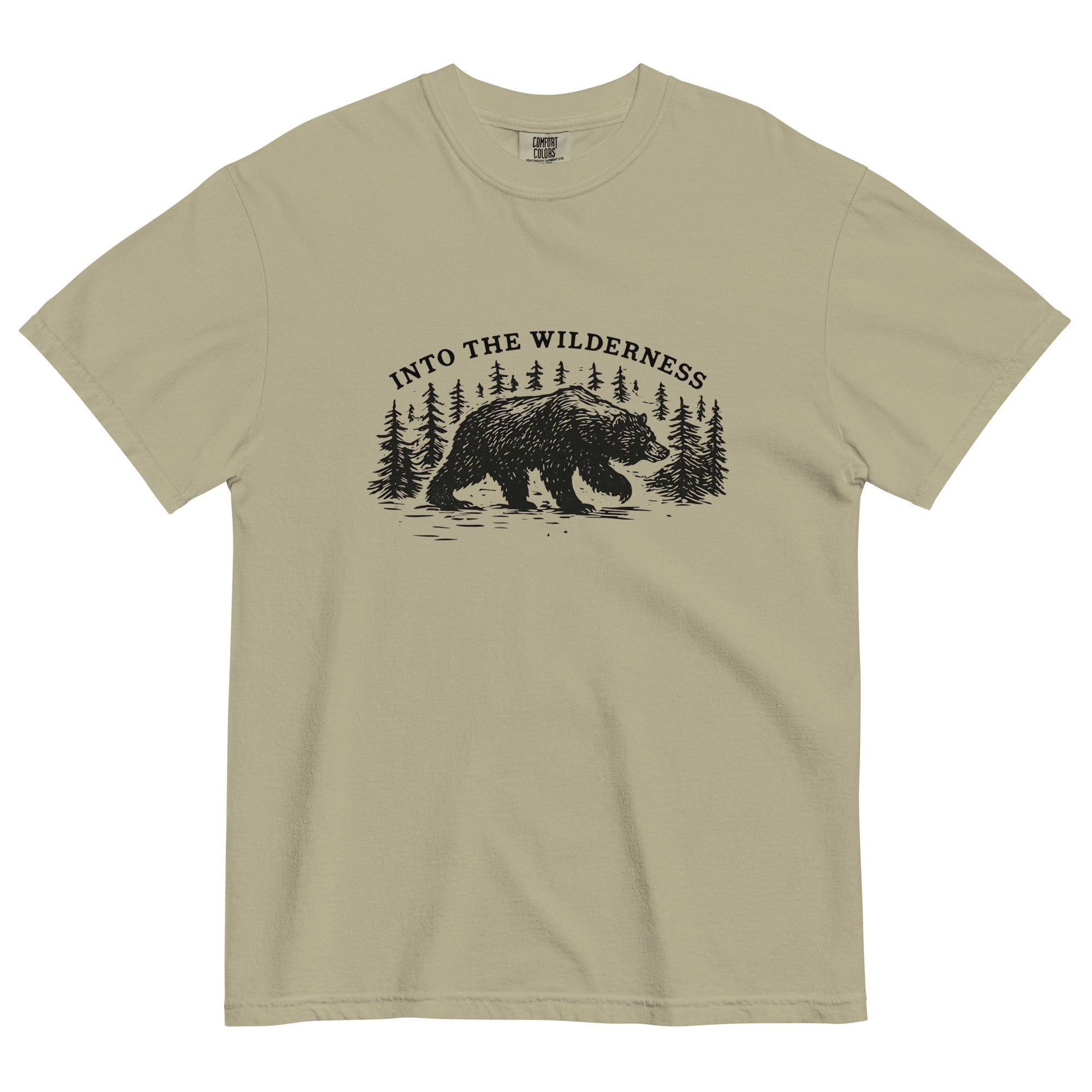 Bear and pine forest wilderness design on a Khaki garment-dyed cotton t-shirt