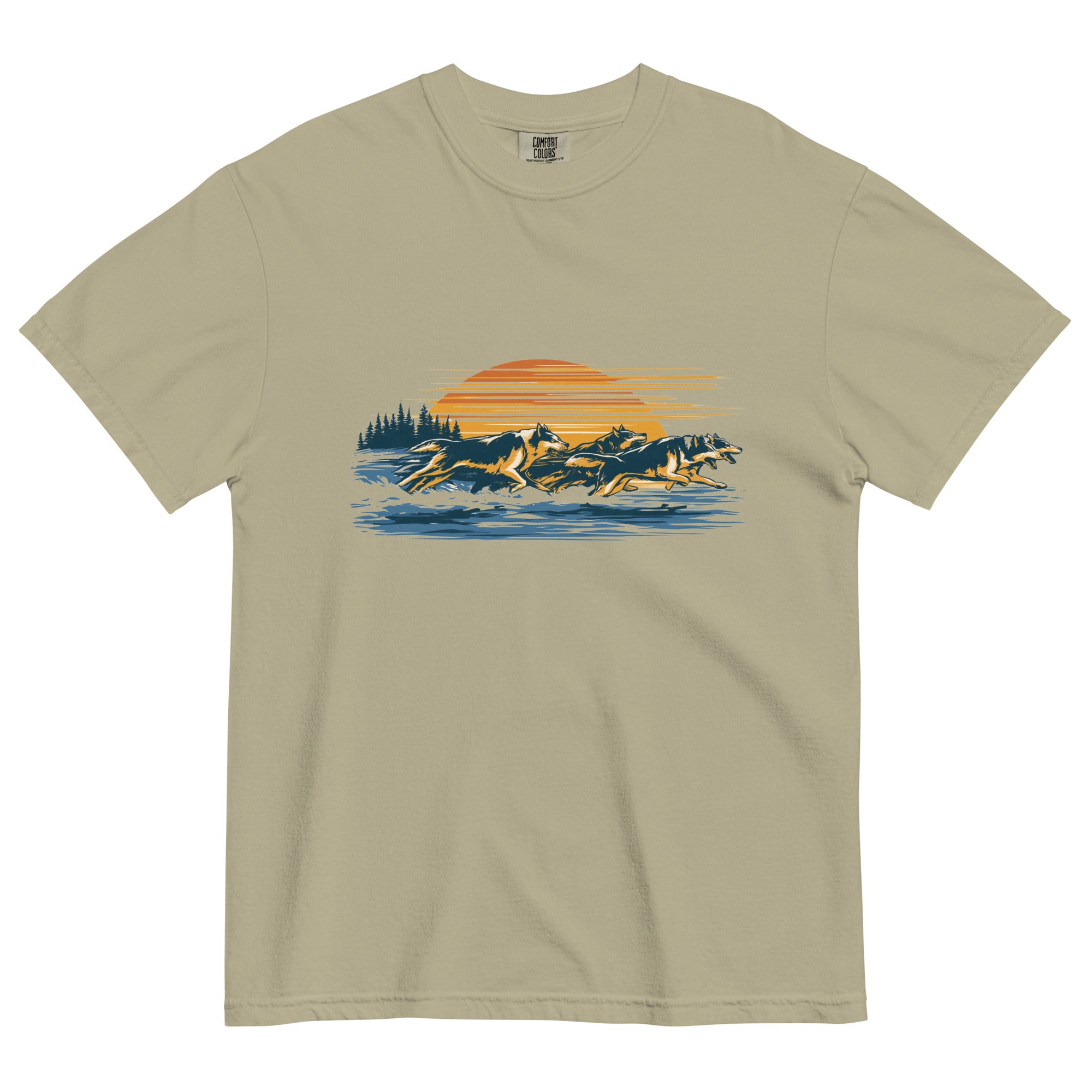 Wolf pack at sunset design on a Khaki garment-dyed cotton t-shirt