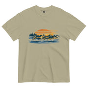 Wolf pack at sunset design on a Khaki garment-dyed cotton t-shirt