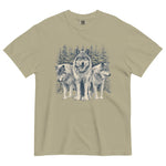 Three wolves in the snow design on a Khaki garment-dyed cotton t-shirt