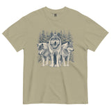 Three wolves in the snow design on a Khaki garment-dyed cotton t-shirt