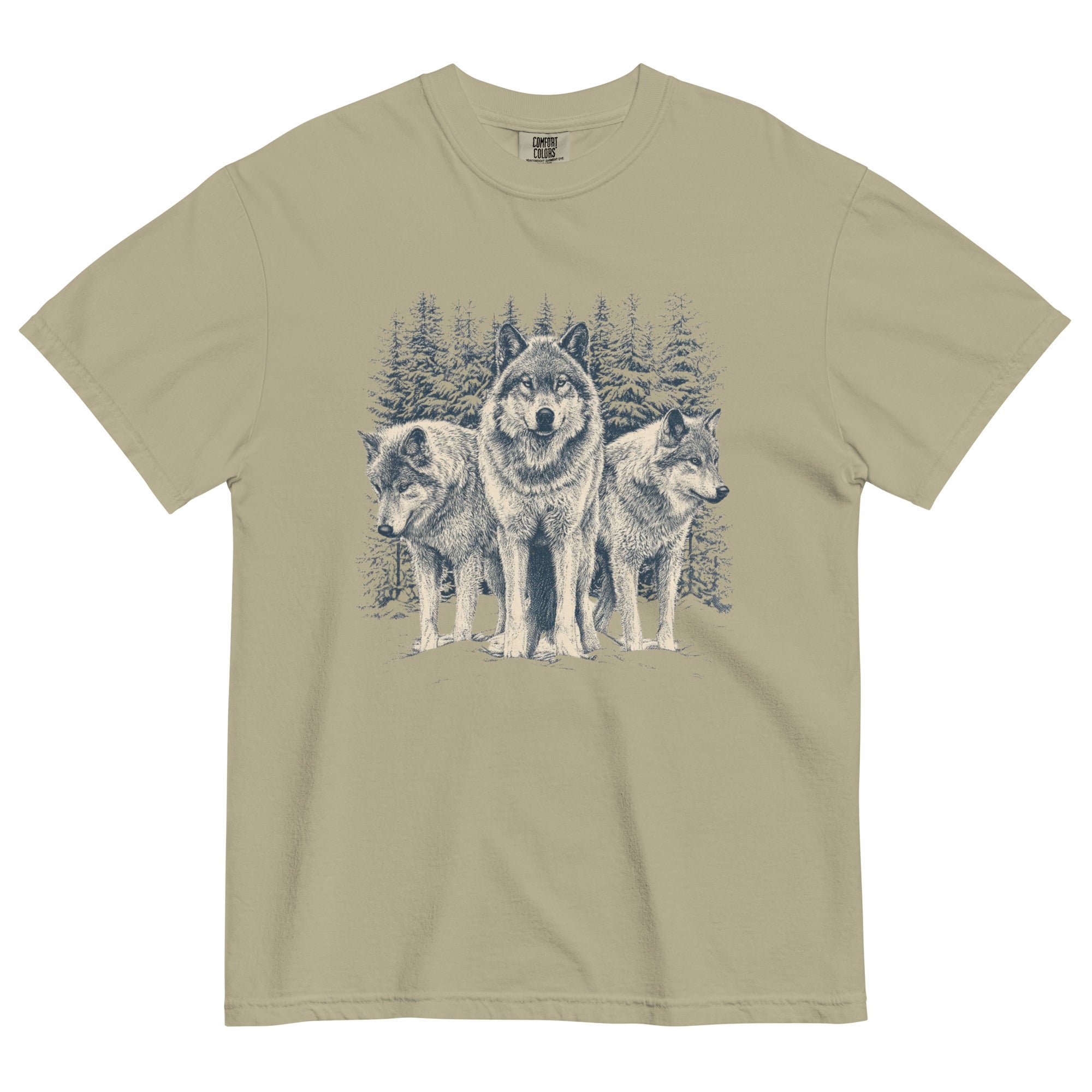Three wolves in the snow design on a Khaki garment-dyed cotton t-shirt