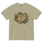 Fox asleep in a Christmas wreath design on a Khaki garment-dyed cotton t-shirt