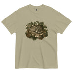 Kitten asleep in a Christmas wreath design on a Khaki garment-dyed cotton t-shirt